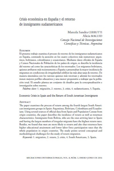 2016, M.S. Cerrutti; A. Maguid,Colegio de la Frontera Norte (COLEF),Crisis económica en España y el retorno de inmigrantes sudamericanos