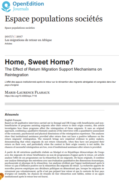 2017, M.L. Flahaux, Home, sweet home The effect of return migration support mechanisms on reintegration